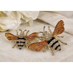 Napier Honey Bee Duo Brooch Pin  Crystal Jeweled Enameled Bees 2.5" x 1.5"